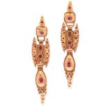 A PAIR OF ANTIQUE JEWELLED SPANISH EARRINGS in yellow gold, the tapering bodies set with round and
