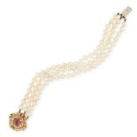 A PEARL RUBY AND DIAMOND BRACElET in 18ct white gold, comprising of three rows of pearls, jewelled