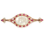 AN ANTIQUE RUBY, DIAMOND AND MOONSTONE INTAGLIO BROOCH in yellow gold, set with an oval moonstone,