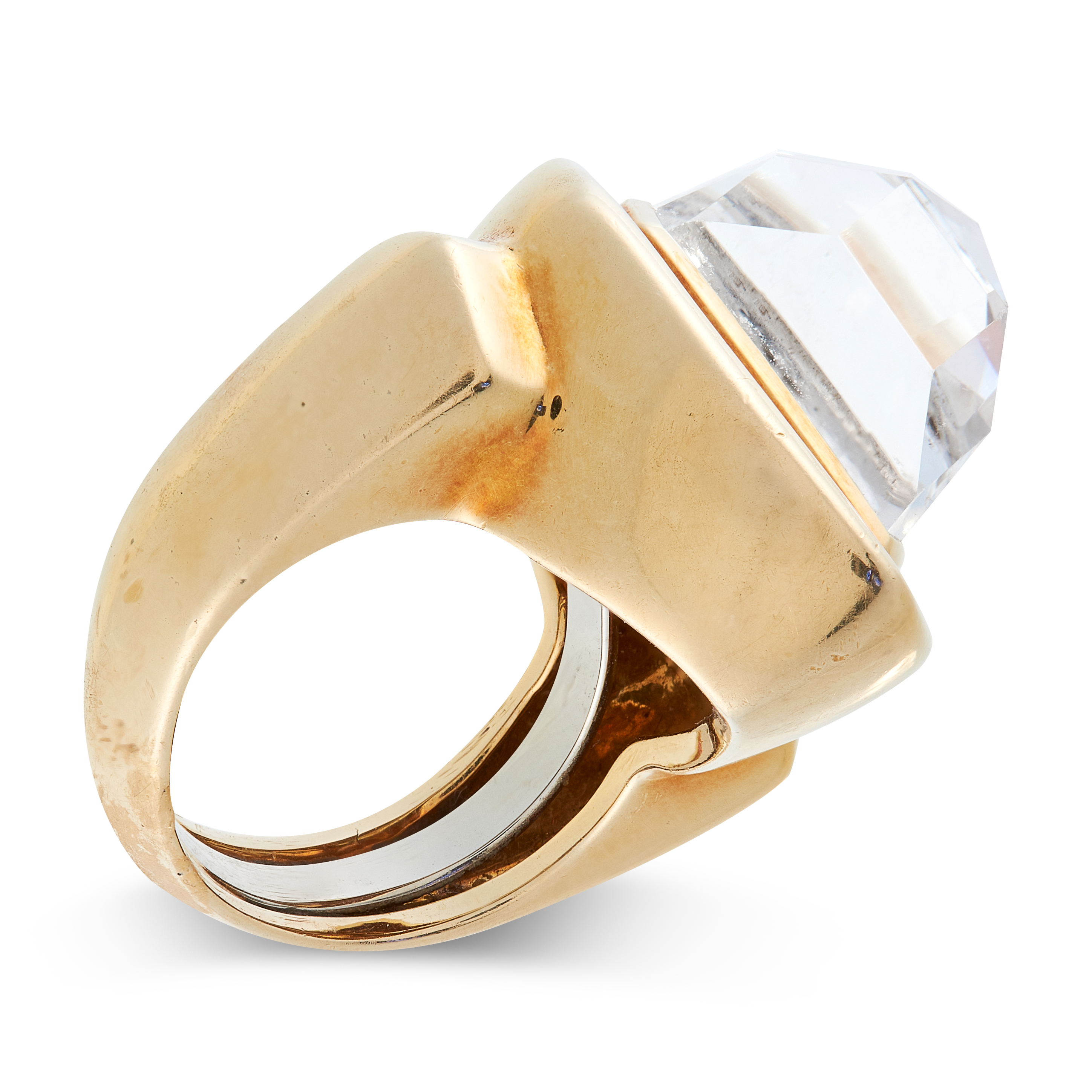 A VINTAGE ROCK CRYSTAL DRESS RING, DAVID WEBB CIRCA 1970 in 18ct yellow gold, designed as a large,