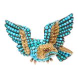 AN ANTIQUE TURQUOISE AND GARNET MOURNING LOCKET EAGLE BROOCH, 19TH CENTURY in yellow gold and