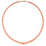 AN ANTIQUE CORAL BEAD NECKLACE in yellow gold, comprising of a single row of graduated coral beads