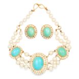 A TURQUOISE AND PEARL EARRINGS AND NECKLACE SUITE in 18ct yellow gold, set with cabochon turquoise