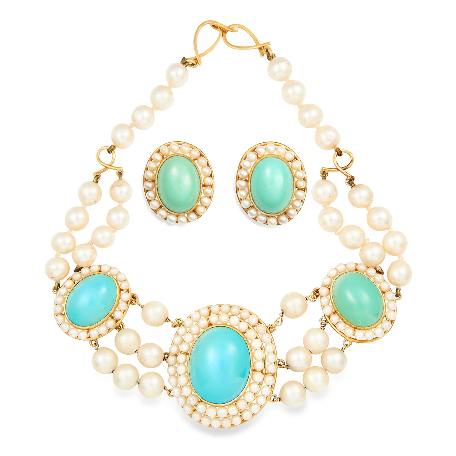 A TURQUOISE AND PEARL EARRINGS AND NECKLACE SUITE in 18ct yellow gold, set with cabochon turquoise