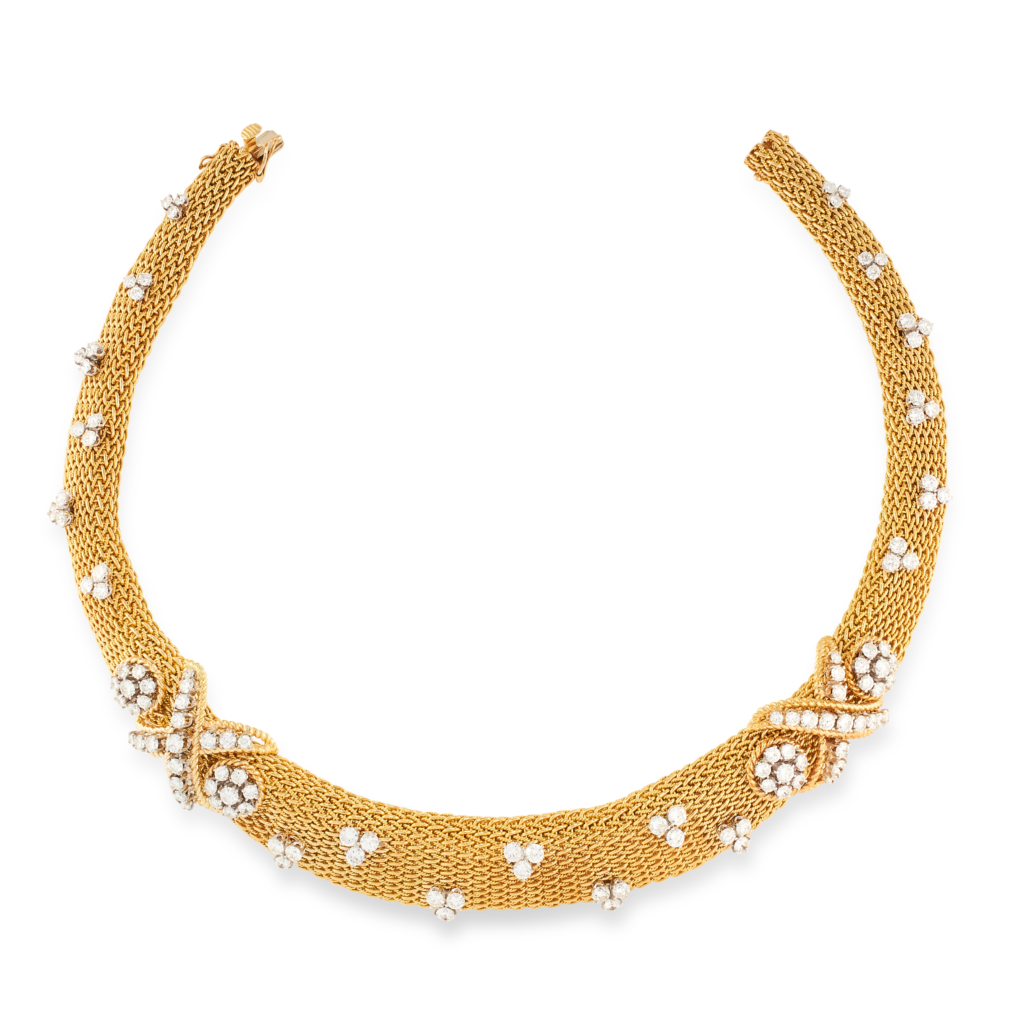 A VINTAGE DIAMOND NECKLACE in 18ct yellow gold, the tapering, articulated body formed of woven - Image 2 of 2