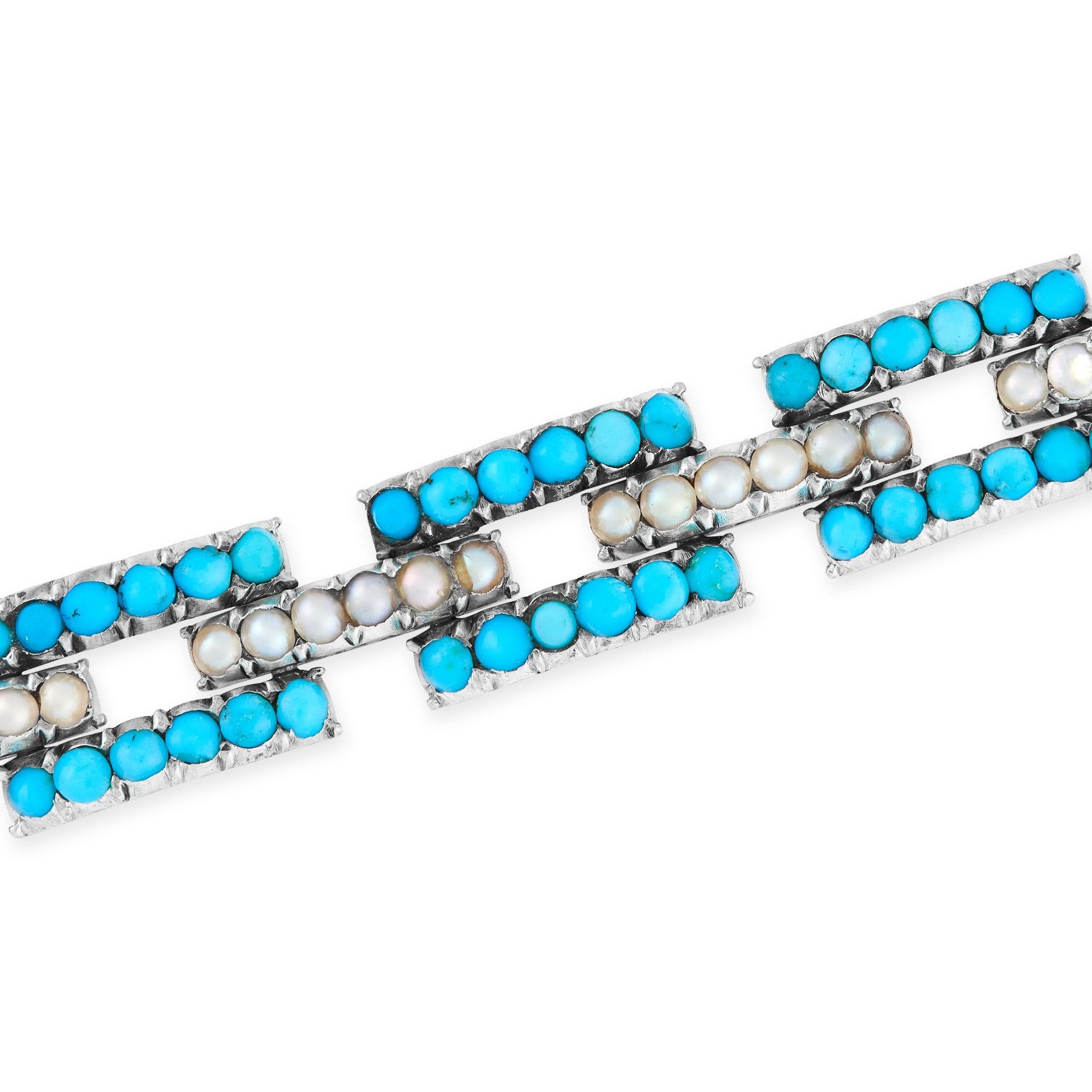 AN ANTIQUE TURQUOISE AND PEARL BRACELET, 19TH CENTURY in yellow gold and silver, formed of - Bild 2 aus 2