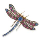 A SAPPHIRE, RUBY AND DIAMOND DRAGONFLY BROOCH modelled as a dragonfly with its wings splayed, its