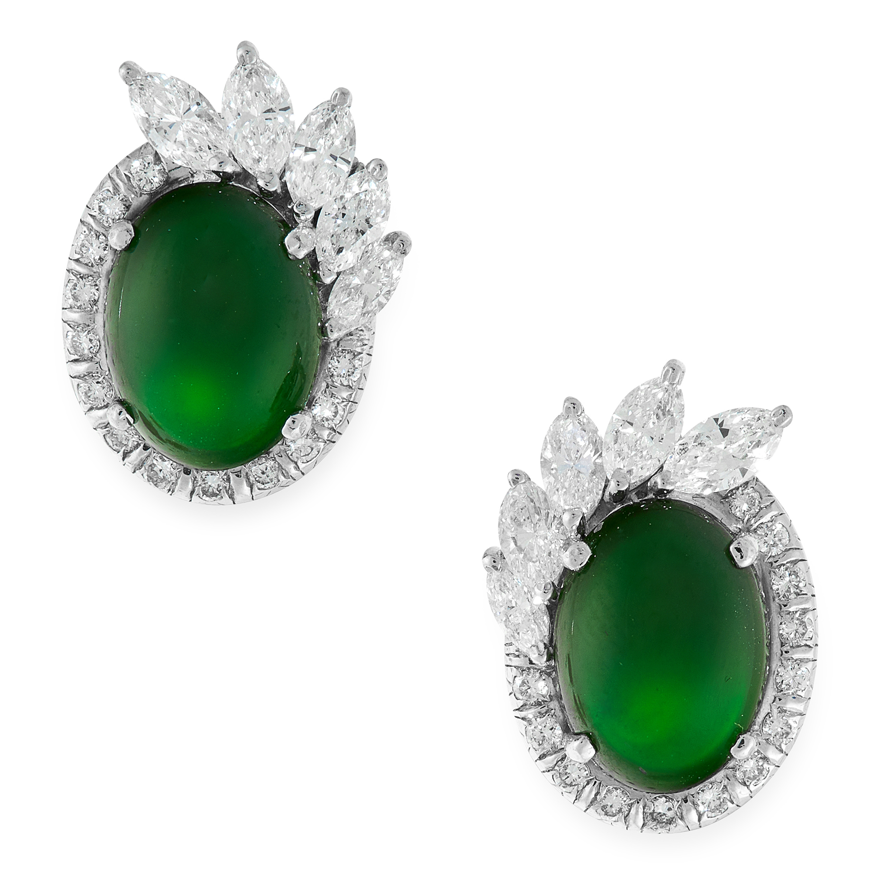 A PAIR OF IMPERIAL JADEITE JADE AND DIAMOND EARRINGS in white gold, each set with an oval jadeite