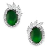 A PAIR OF IMPERIAL JADEITE JADE AND DIAMOND EARRINGS in white gold, each set with an oval jadeite
