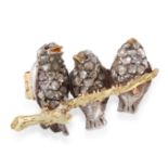 AN ANTIQUE RUBY AND DIAMOND CHICK BROOCH in yellow gold and silver, designed as a trio of baby birds