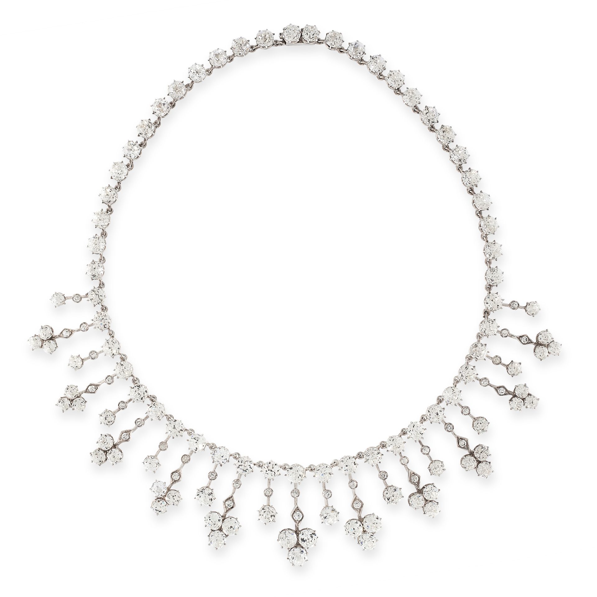 A PASTE DIAMOND RIVIERE NECKLACE in silver, comprising a row of fifty-one old cut paste gemstones,