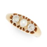 AN ANTIQUE PEARL AND DIAMOND RING in yellow gold, set with a pearl of 4.6mm between two old old