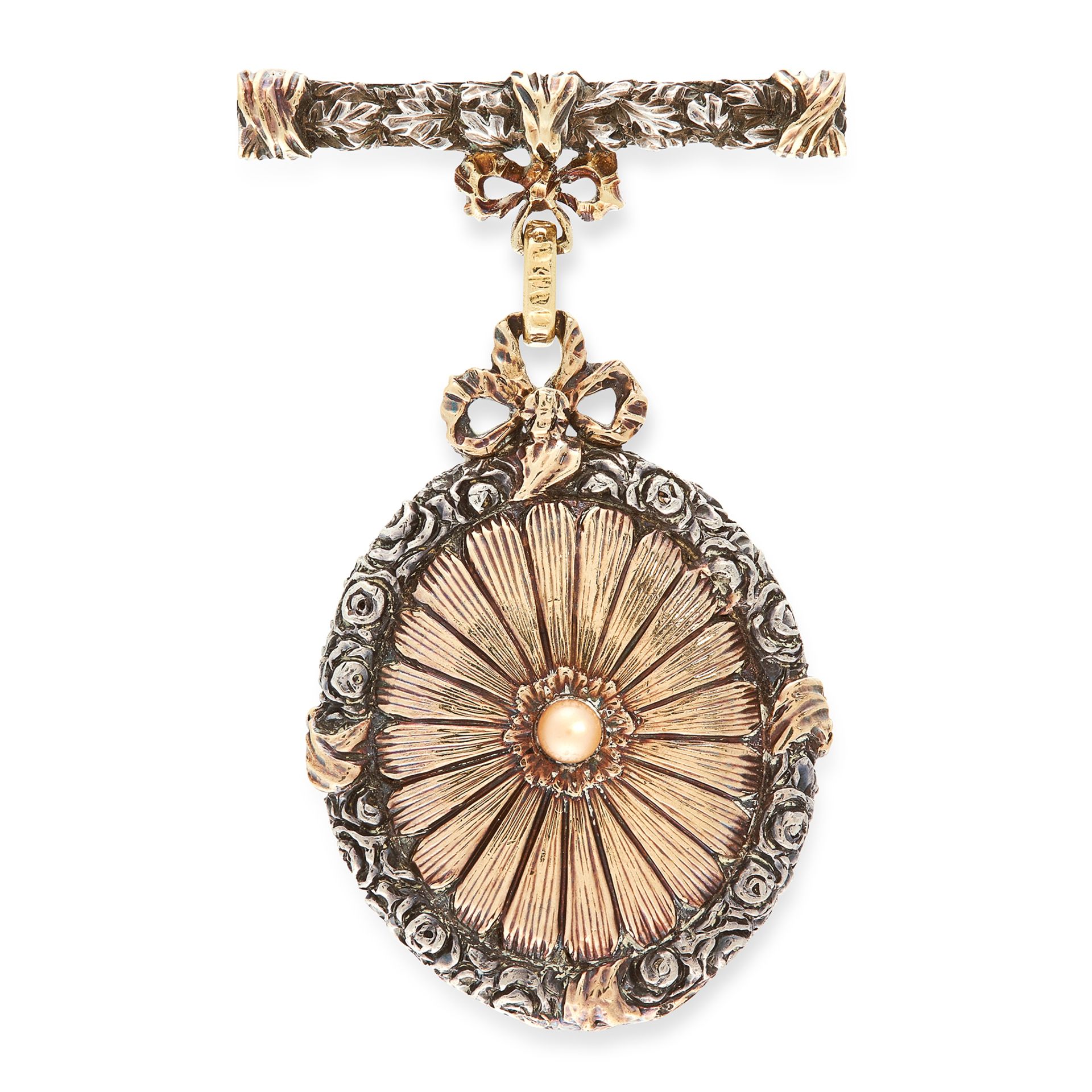 A PEARL MOURNING BROOCH, BUCCELLATI comprising of an ornate bar brooch suspending an oval shaped