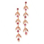 A PAIR OF RUBY AND DIAMOND DROP EARRINGS in 18ct rose gold, in foliate design set with round cut