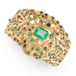 AN EMERALD AND SAPPHIRE BANGLE in 18ct yellow gold and silver, in open framework design, set with