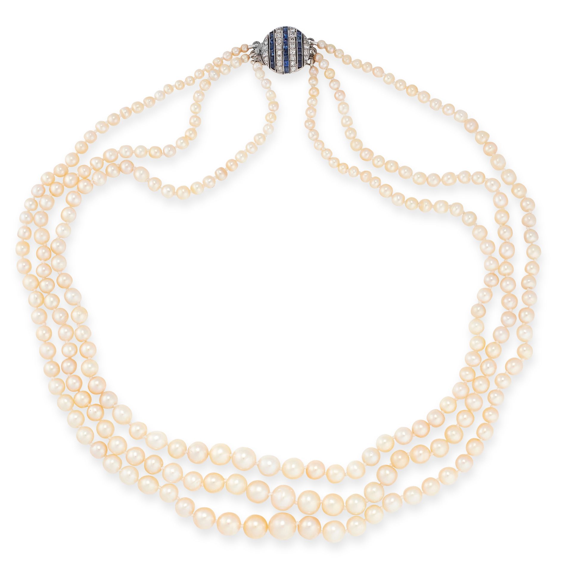 AN ANTIQUE NATURAL PEARL, SAPPHIRE AND DIAMOND NECKLACE, EARLY 20TH CENTURY comprising three rows of