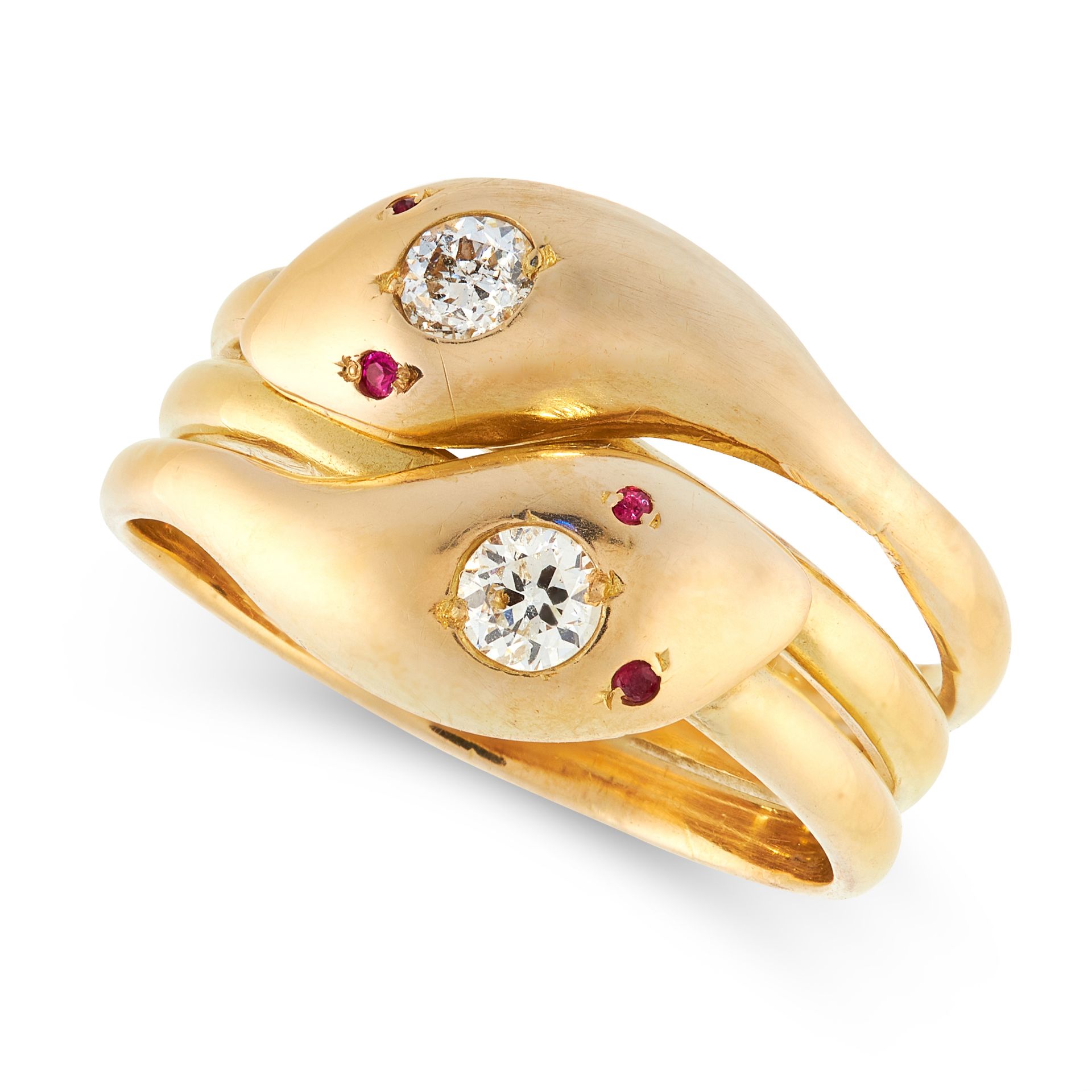 A DIAMOND AND RUBY SNAKE RING in 18ct yellow gold, designed as two snakes, their bodies woven around