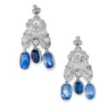 A PAIR OF CEYLON NO HEAT SAPPHIRE AND DIAMOND EARRINGS in chandelier design, set with cushion cut