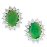 A PAIR OF JADEITE JADE AND DIAMOND STUD EARRINGS in 18ct white gold, each set with an oval jadeite