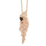 AN ONYX, DIAMOND & EMERALD PENDANT AND CHAIN in 18ct rose gold, in the manner of Cartier Les Oiseaux