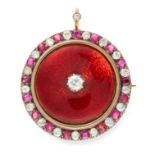 AN ANTIQUE ENAMEL, RUBY AND DIAMOND BROOCH in yellow gold and silver, in circular design, set with a