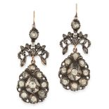 A PAIR OF ANTIQUE DIAMOND DROP EARRINGS in yellow gold and silver, jewelled with rose cut