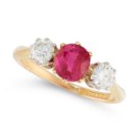 A BURMA NO HEAT RUBY AND DIAMOND RING in 18ct yellow gold and platinum, set with a cushion cut