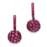 A PAIR OF RUBY EARRINGS in sleeper design, suspending a sphere, set all over with round cut rubies