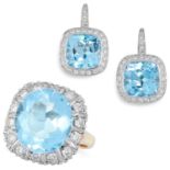 A TOPAZ AND DIAMOND CLUSTER EARRING AND RING SUITE in 9ct yellow and 18ct white gold, the ring is