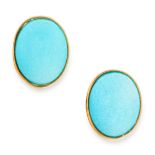 A PAIR OF TURQUOISE STUD EARRINGS in silver and yellow gold, each set with a cabochon turquoise of