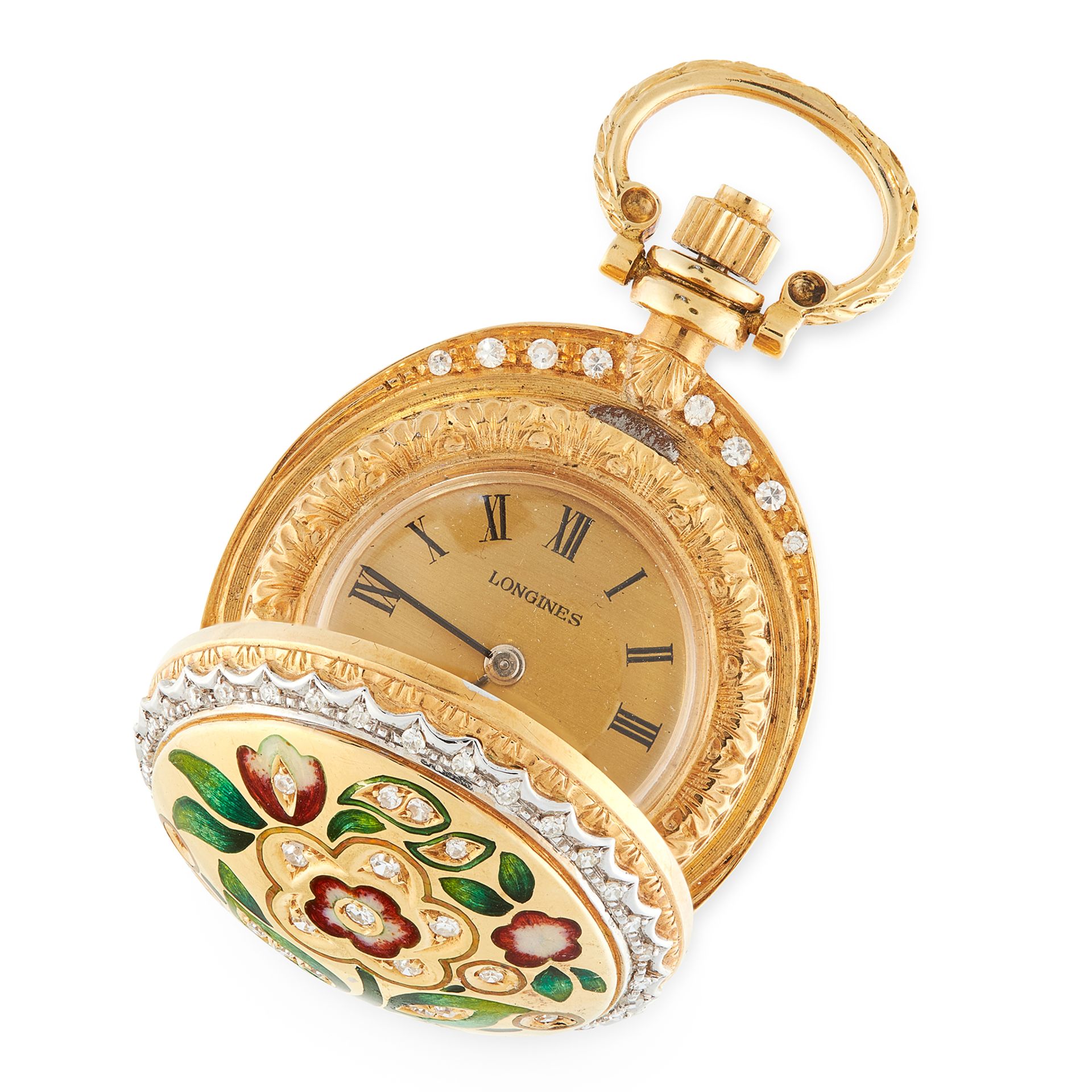 A DIAMOND AND ENAMEL POCKET WATCH, LONGINES in yellow gold, the round face jewelled with enamel - Bild 3 aus 3