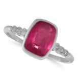 AN UNHEATED RUBY AND DIAMOND RING set with a cushion cut ruby of 2.50 carats, the shoulders set