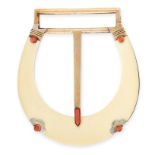 AN ANTIQUE IVORY AND CORAL BELT BUCKLE, CARTIER in the form of a belt buckle, comprising of a single