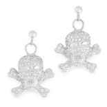 A PAIR OF DIAMOND JOLLY ROGER EARRINGS in 18ct white gold, designed as a skull and cross bones, pave