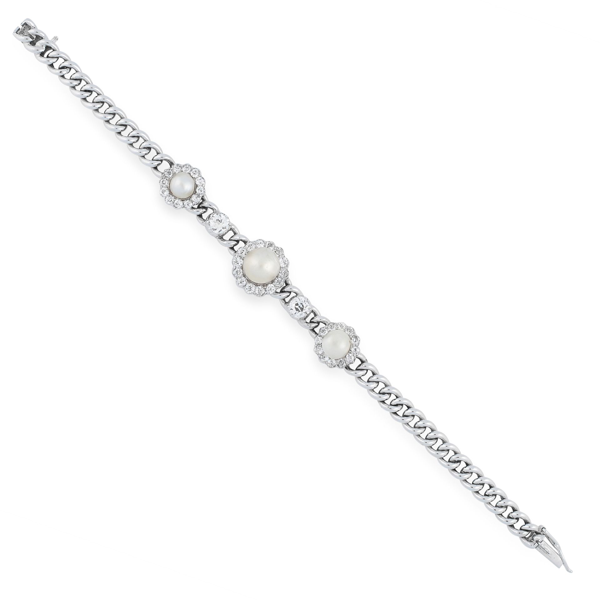 A NATURAL PEARL AND DIAMOND BRACELET in 18ct white gold, set with three pearls of 8.4mm, 6.8mm and