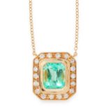 A TOURMALINE AND DIAMOND PENDANT NECKLACE in 18ct yellow gold, set with an emerald cut green