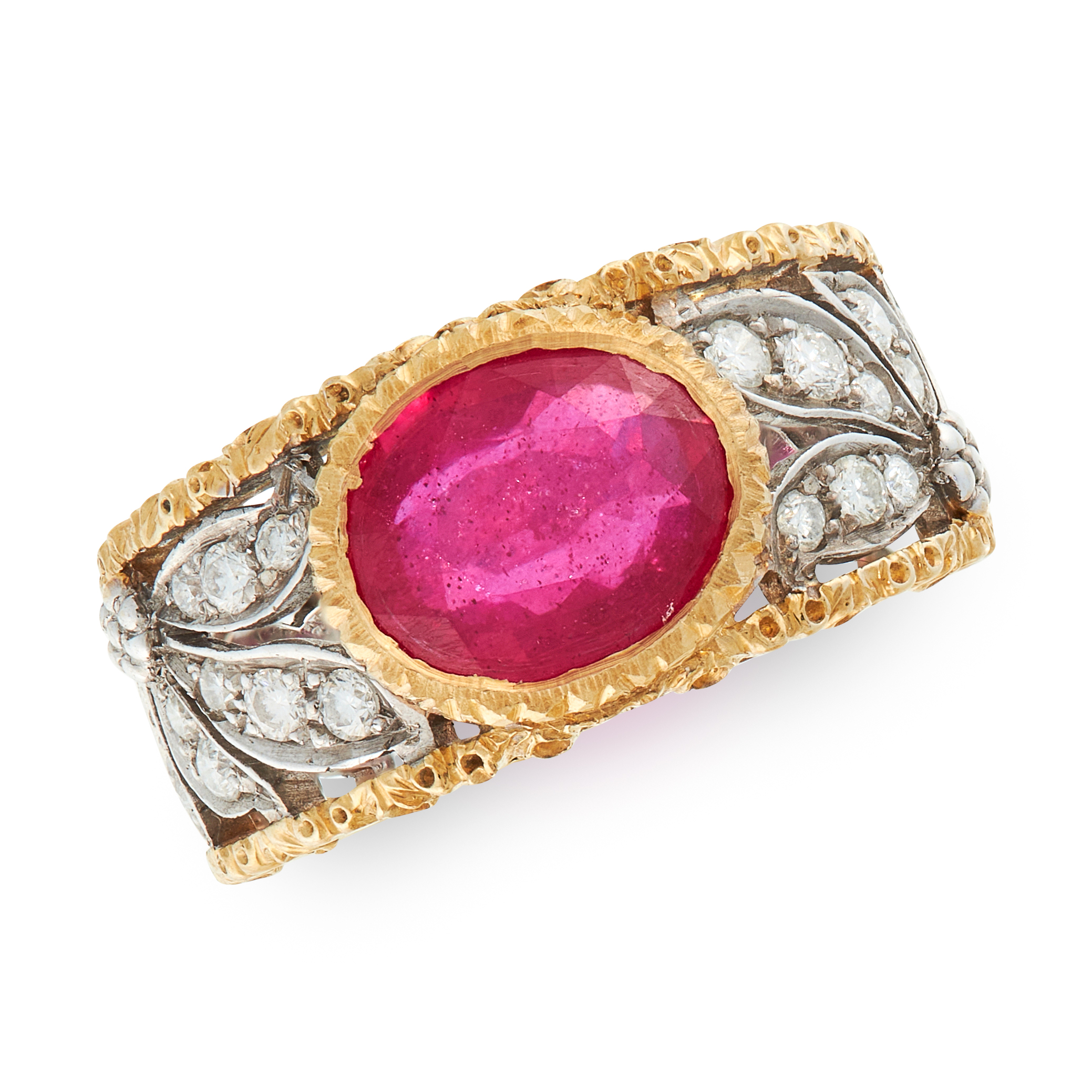 A RUBY AND DIAMOND DRESS RING, BUCCELLATI in 18ct white and yellow gold, in open framework band