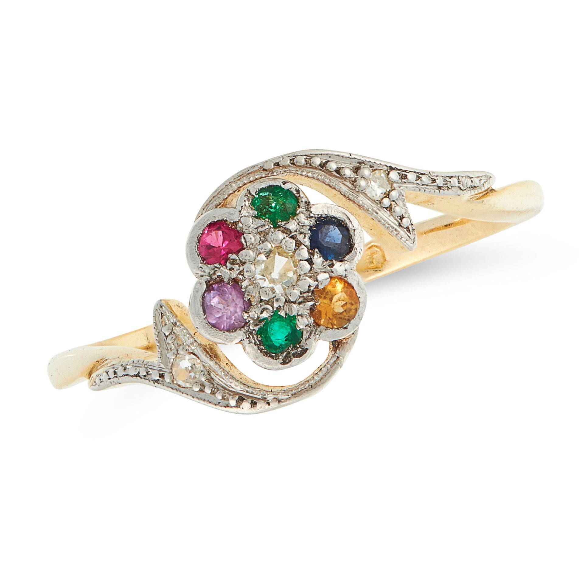 A GEMSET DEAREST RING, EARLY 20TH CENTURY in 18ct yellow gold and platinum, set with a round cut