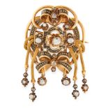 AN ANTIQUE DIAMOND AND ENAMEL TASSEL BROOCH, 19TH CENTURY in 18ct yellow gold, set with a trio of