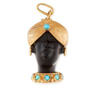 AN EBONY AND TURQUOISE BLACKAMOOR BROOCH comprising of a carved ebony bust, the turban and collar