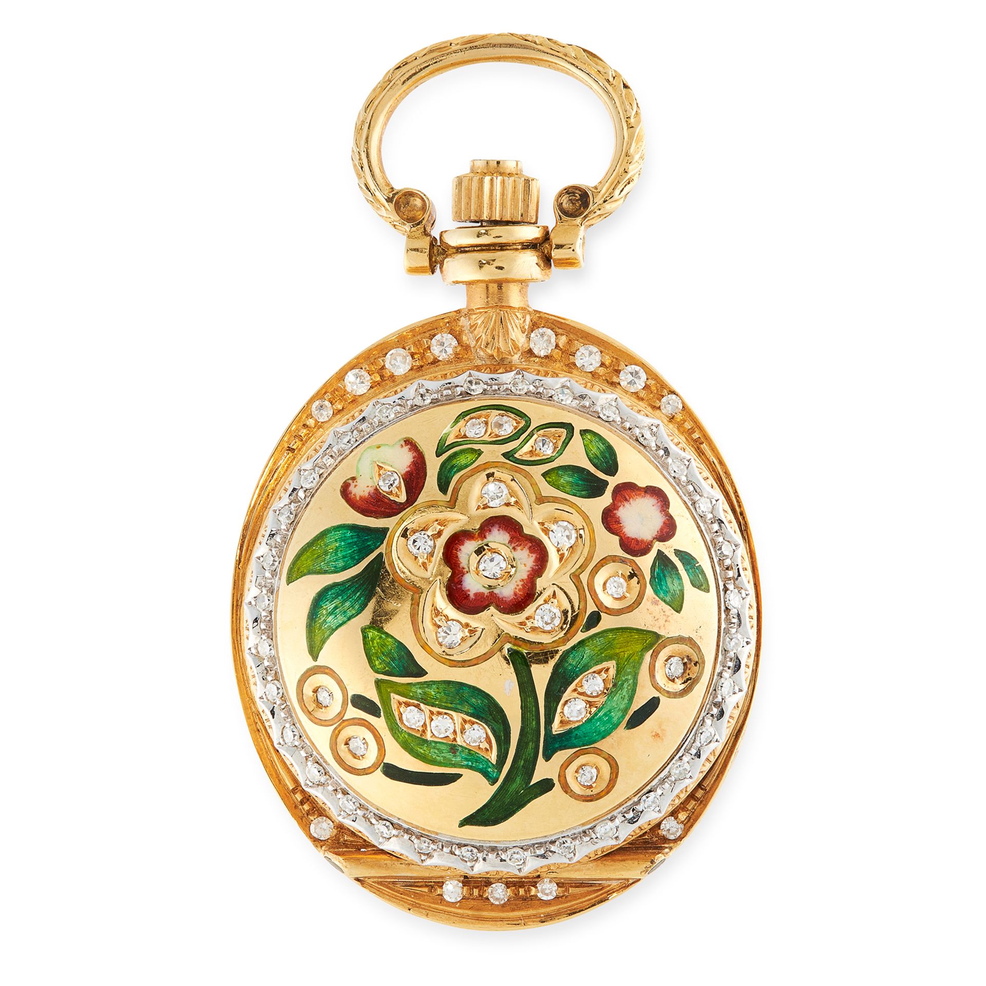 A DIAMOND AND ENAMEL POCKET WATCH, LONGINES in yellow gold, the round face jewelled with enamel