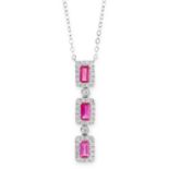 A RUBY AND DIAMOND PENDANT NECKLACE in 18ct white gold, comprising of three clusters of step cut