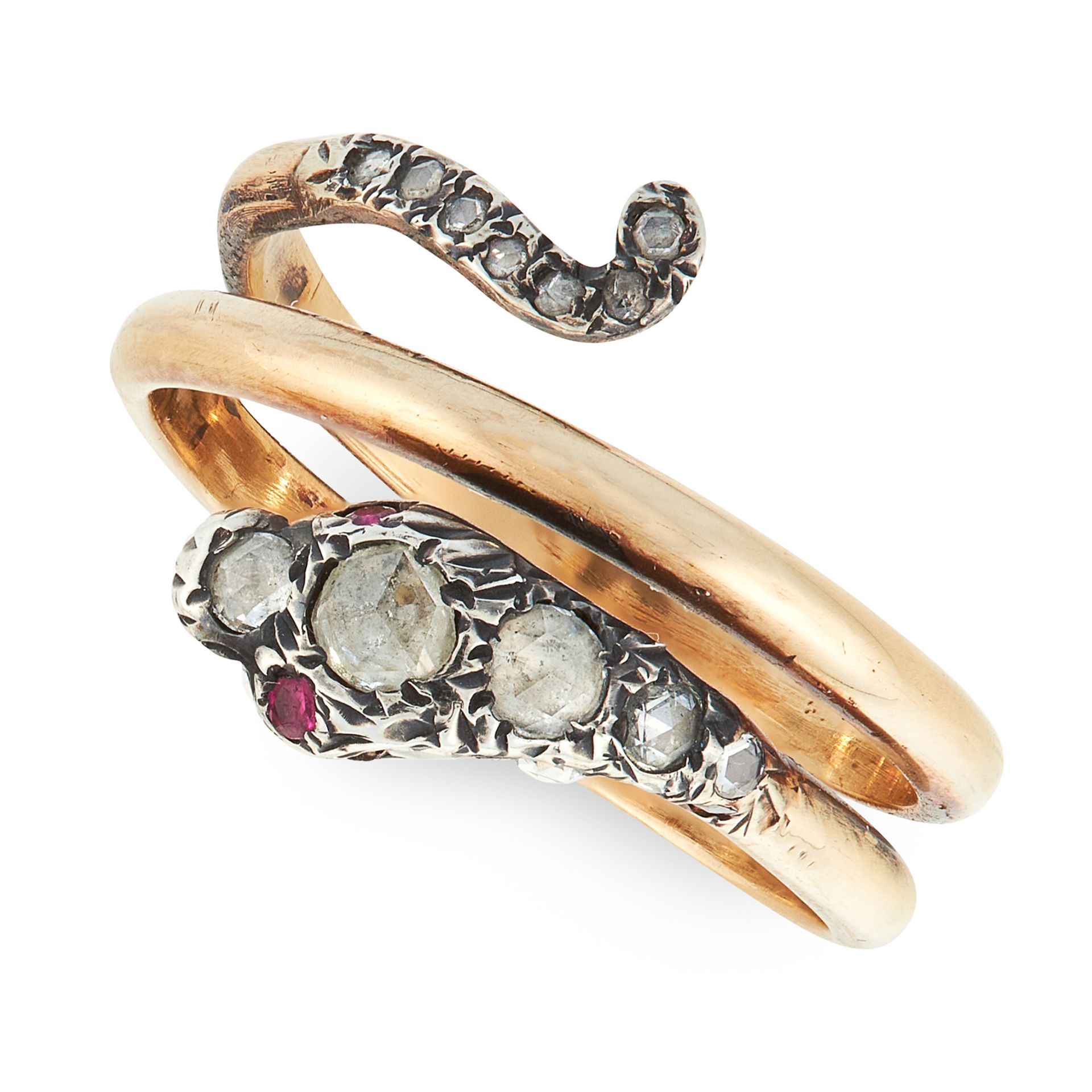 AN ANTIQUE DIAMOND AND RUBY SNAKE RING, 19TH CENTURY in yellow gold and silver, designed as a