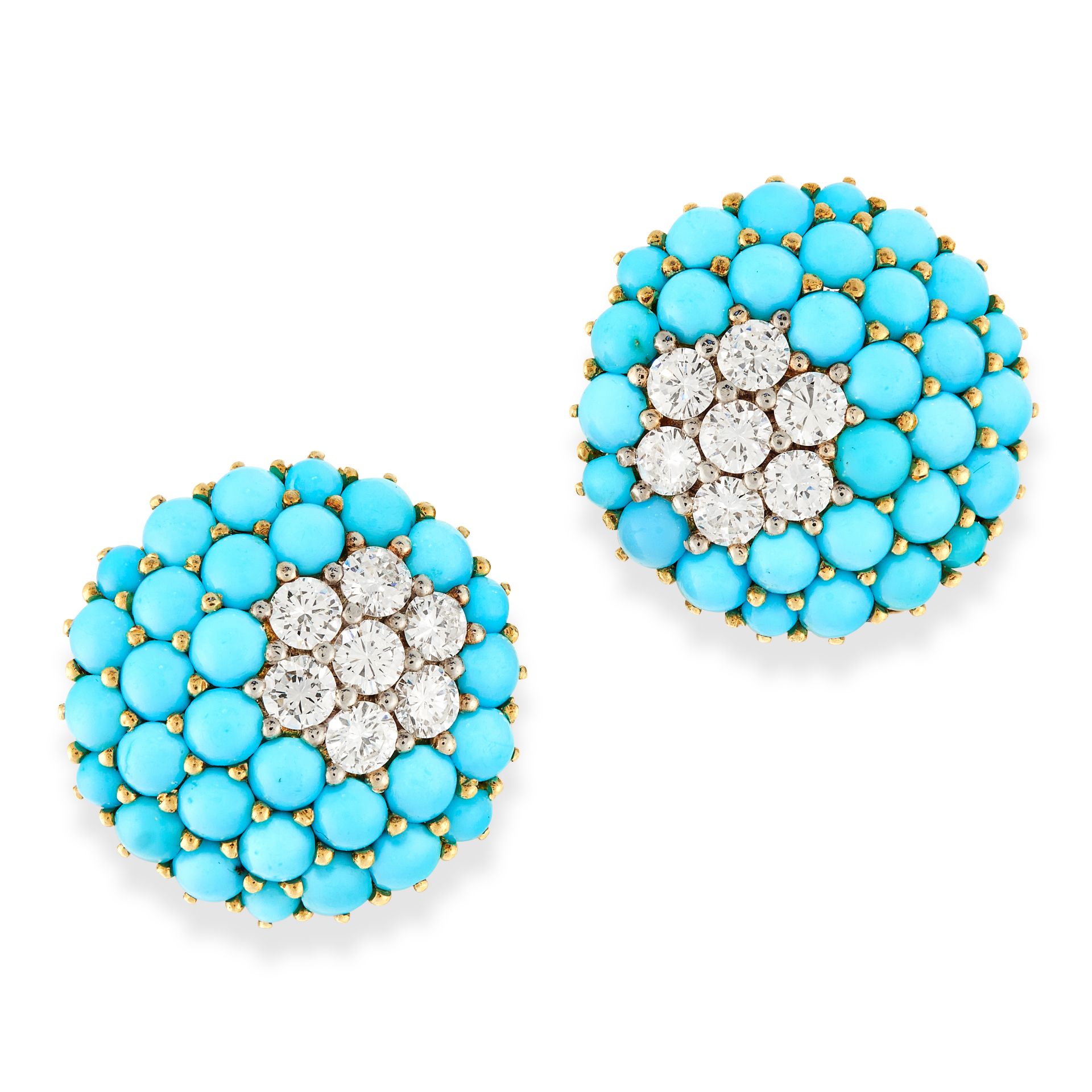 A PAIR OF TURQUOISE AND DIAMOND BOULE EARRINGS in 18ct yellow gold, in circular design, set with