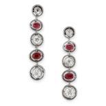 A PAIR OF DIAMOND AND SPINEL DROP EARRINGS in platinum, comprising of a row of alternating old cut