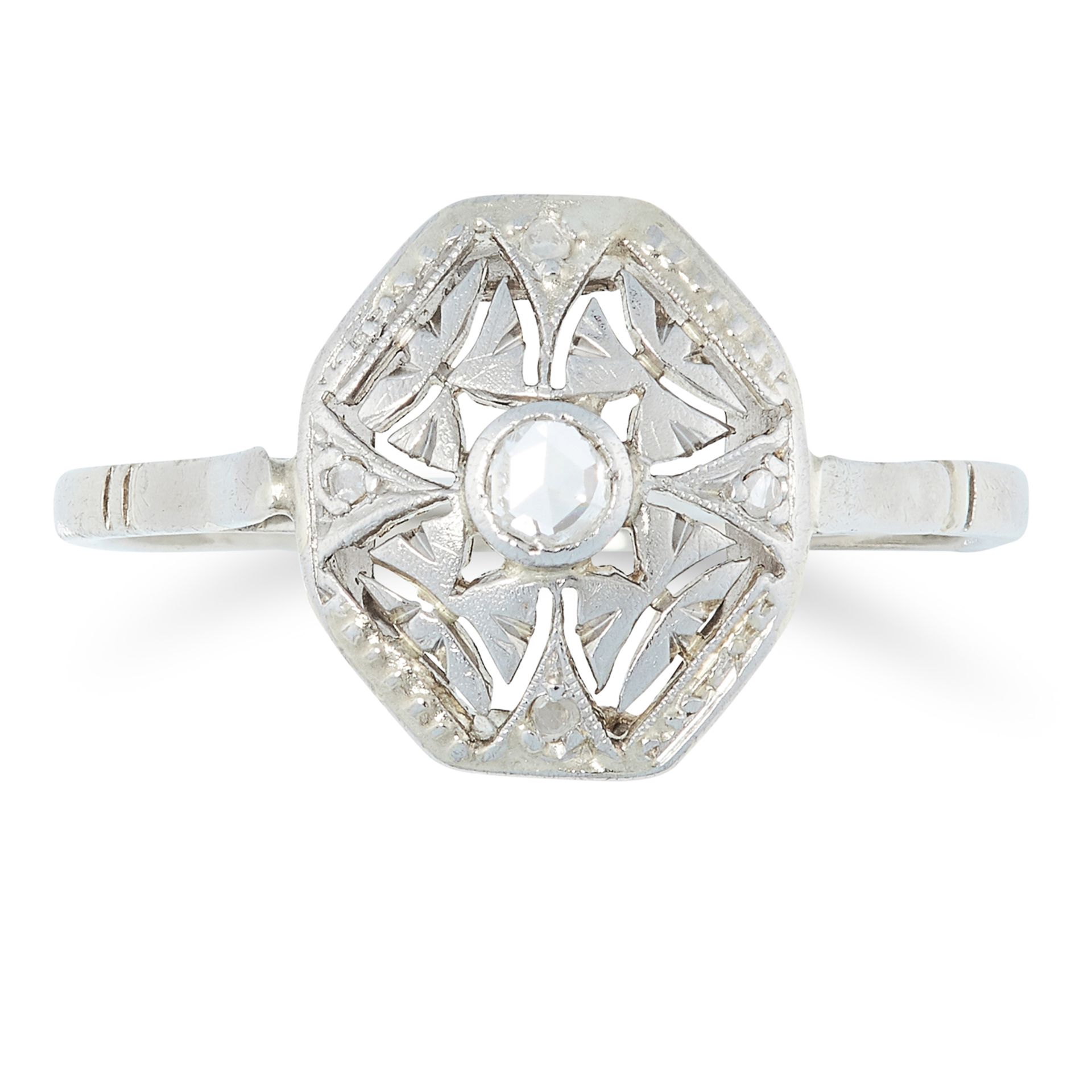 AN ANTIQUE DIAMOND DRESS RING the pierced octagonal face set with five rose cut diamonds, size O /