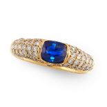 A TANZANITE AND DIAMOND RING in 18ct yellow gold, in elipse style, set with a cushion cut