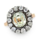 AN ANTIQUE AQUAMARINE AND DIAMOND CLUSTER RING, RUSSIAN in 14ct yellow gold and silver, set with a