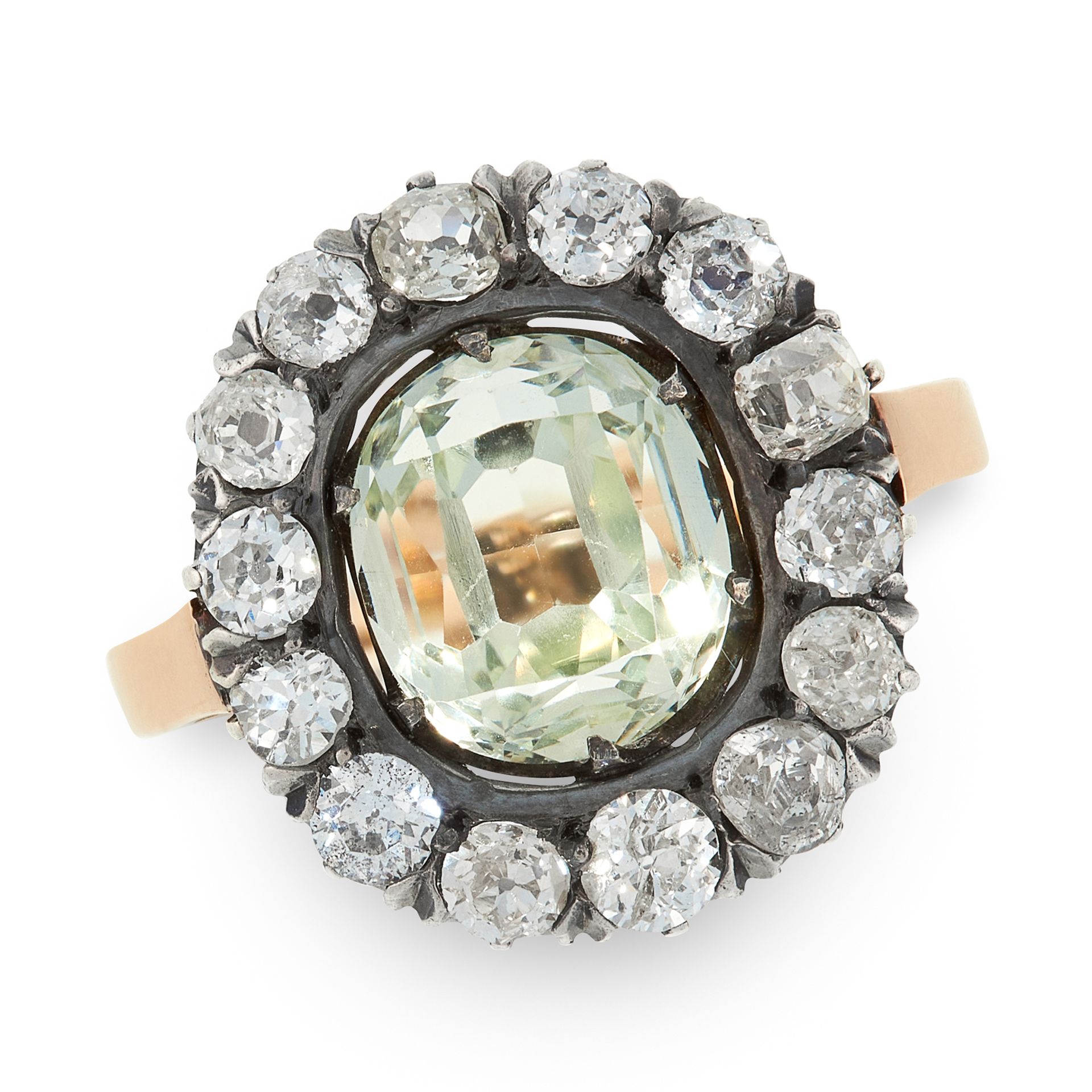 AN ANTIQUE AQUAMARINE AND DIAMOND CLUSTER RING, RUSSIAN in 14ct yellow gold and silver, set with a