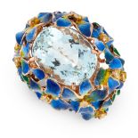 AN ENAMEL, AQUAMARINE AND YELLOW DIAMOND BOMBE RING set with a central oval cut aquamarine of